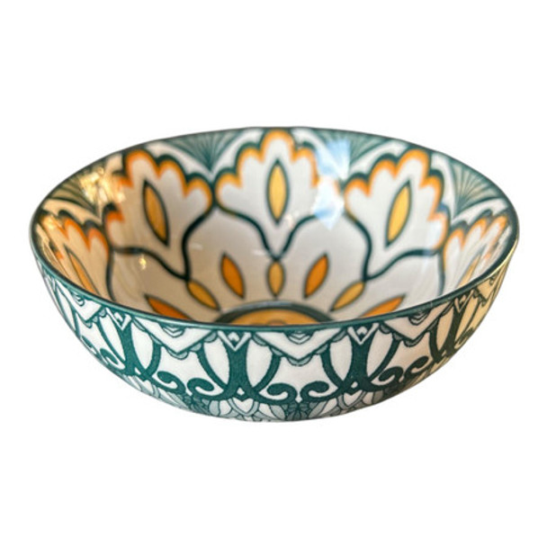 Ceramic Bowl - 12x5.5cm - White Flower, Green Flowers