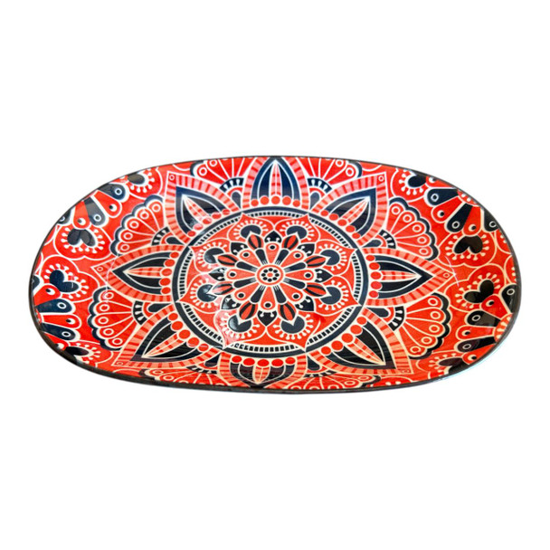 Oval Plate 23x15cm - Deep Blue Red Flower Mandala