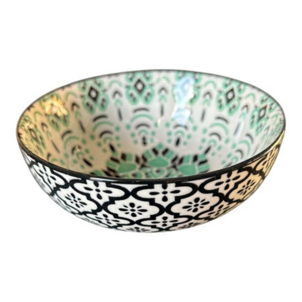 Ceramic Bowl - 12x5.5cm - Green Black Mandala, Black Flares