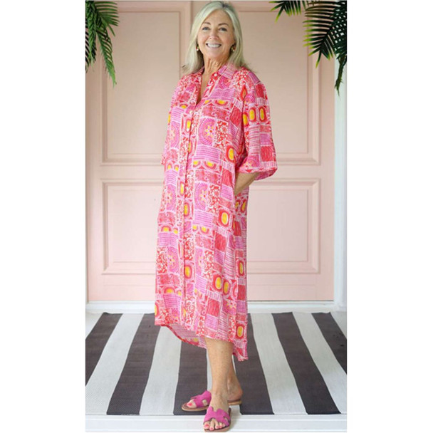 Gail Shirt Dress - Pink & Yellow Patchwork Print