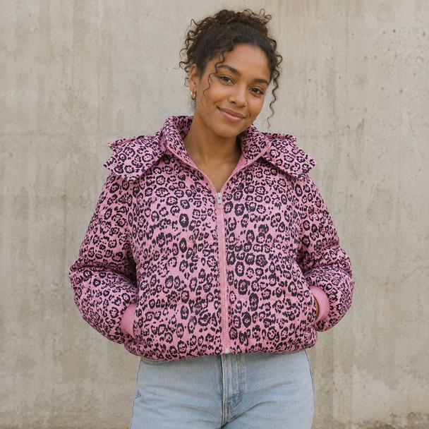 Pink Leopard Combo Puffer Jacket