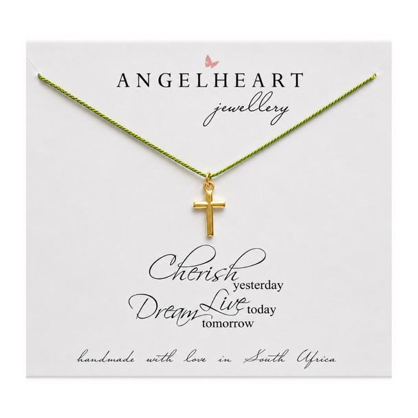 Necklace / Green Silk / Gold Plated / Cross