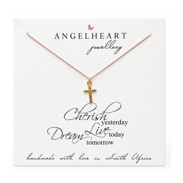 Necklace / Pink Silk / Gold Plated / Cross