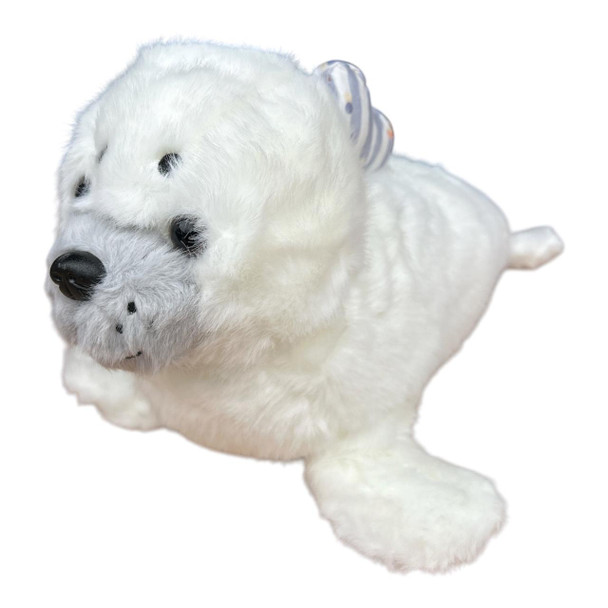 Plush Soft Toy 30cm - White Seal with Purple Striped Bow