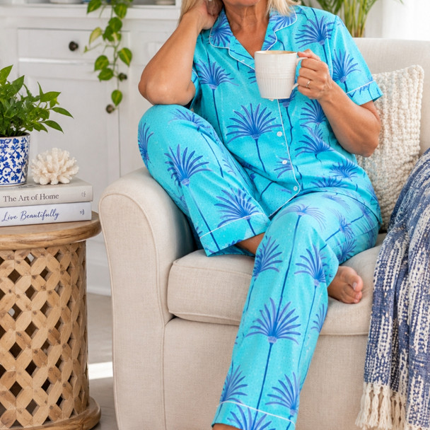 Cotton Long PJ Set / Aqua Palm