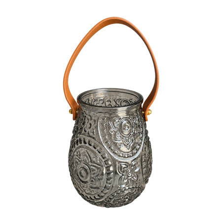 Embossed Smoked Glass Holder with Leather Handle