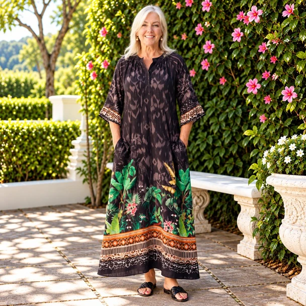 Ava Dress - Black Tropical Border