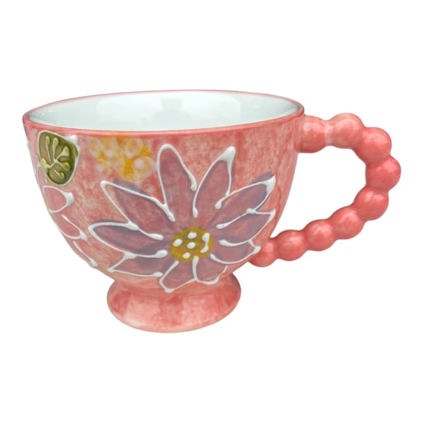 Coral Daisy Ceramic Teacup