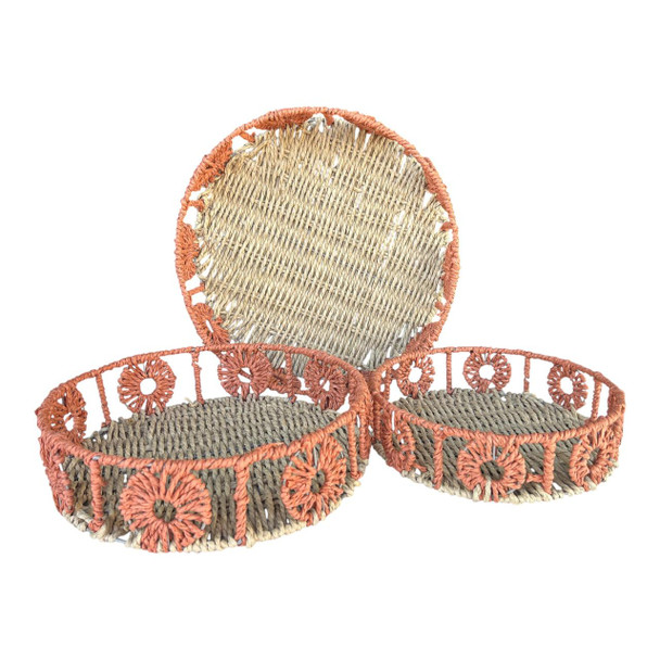 Floral Terracotta Woven Round Storage Baskets