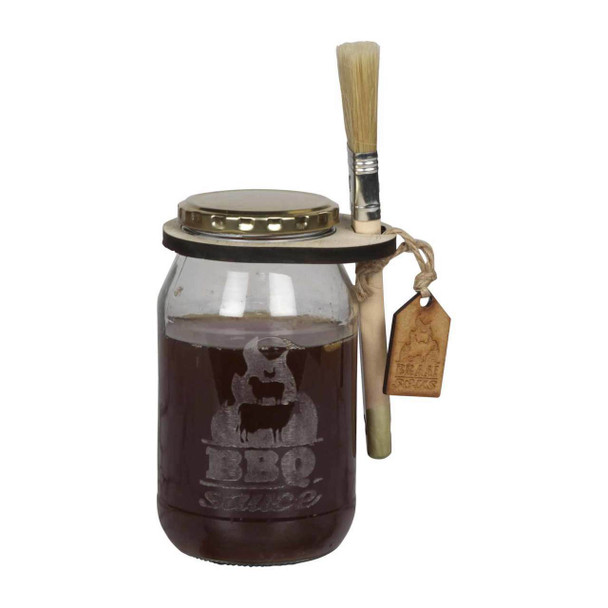 Glass Consol Jar Engraved BBQ Sauce with Wooden Brush