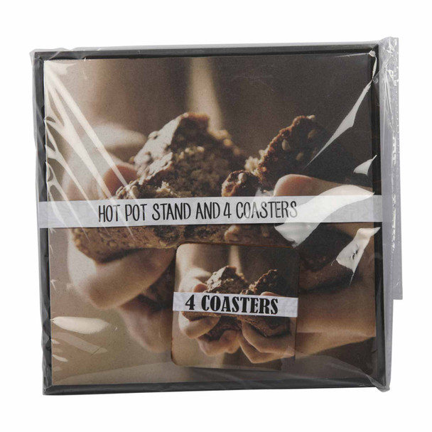 Wooden Hot Pot Stand with 4 Coasters - Hands Breaking Bread