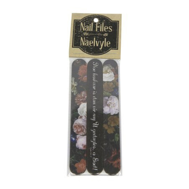 Pack of three nail files with inspiration message printed on one side. 

