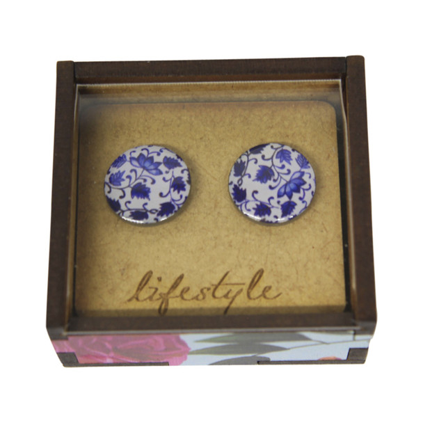 Printed Earring Gift Box - Blue Flower Vine - Round Stud - 15mm