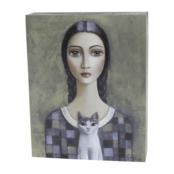 Lady Dull Check Shirt White Cat Wooden Block