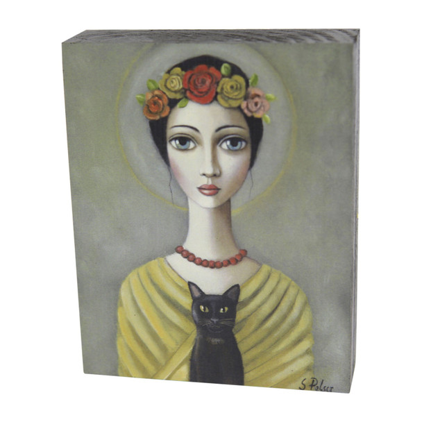 Lady Red Beads Mustard Shirt Black Cat Wooden Block