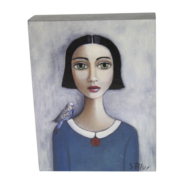 Lady With Blue Budgie Wooden Block