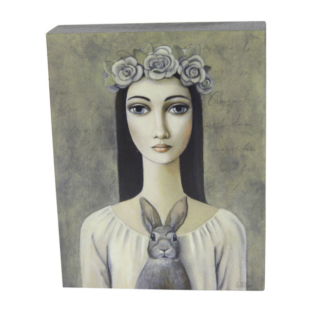 Vintage Lady With Grey Rabbit Wooden Block