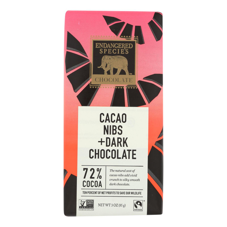 Endangered Species Natural Chocolate Bars - Dark Chocolate - 72 Percent Cocoa - Cacao Nibs - 3 Oz Bars - Case Of 12