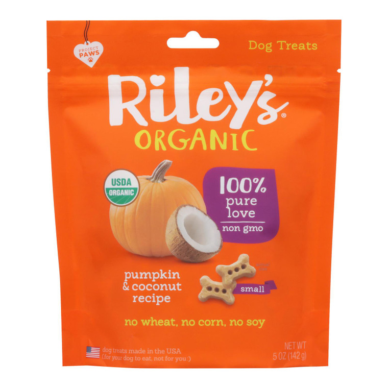 Riley's Organics Organic Dog Treats, Pumpkin & Coconut Recipe, Small  - Case Of 6 - 5 Oz