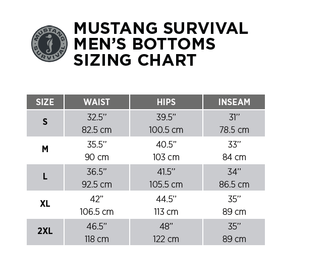 mustang mens bottoms sizes