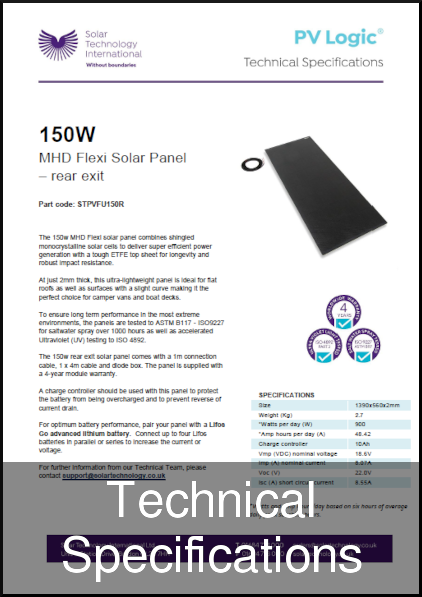 solar 150w mhd flexi rear exit solar panel tech specs