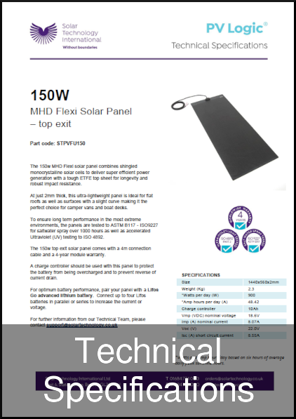 solar 150w mhd flexi top exit solar panel tech specs