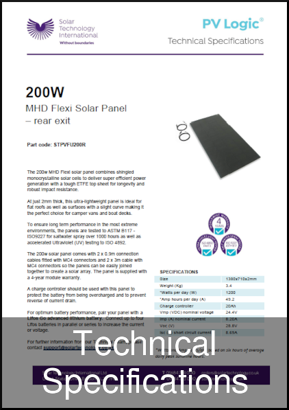 solar 200w mhd flexi rear exit solar panel tech specs