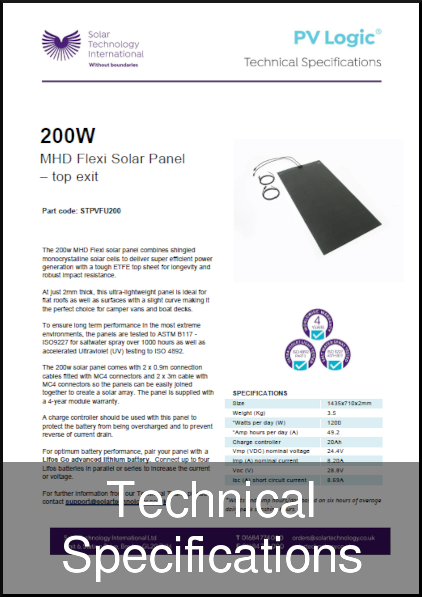 solar 200w mhd flexi top exit solar panel tech specs