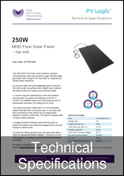 solar 250w mhd flexi top exit solar panel tech specs