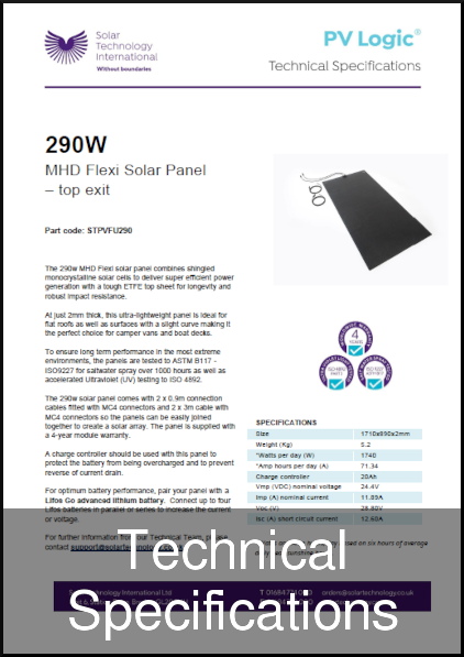 solar 290w mhd flexi top exit solar panel tech specs