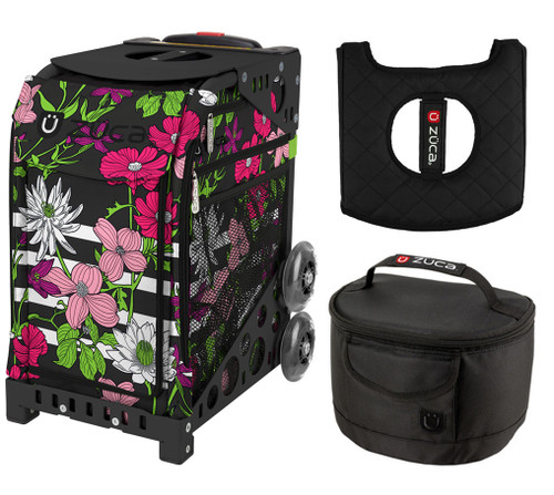 Zuca Sport Bag - Petals & Stripes with Gift Lunchbox and Zuca Seat Cover (Black frame)