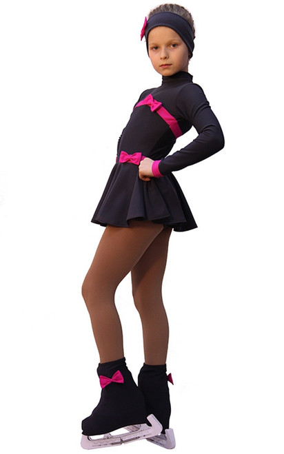 IceDress Figure Skating Outfit - Thermal - Bows (Dark Grey and Fuchsia)