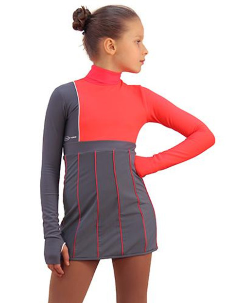 IceDress Figure Skating Dress - Thermal - IceFashion (Light Grey and Hot Coral) 3rd view