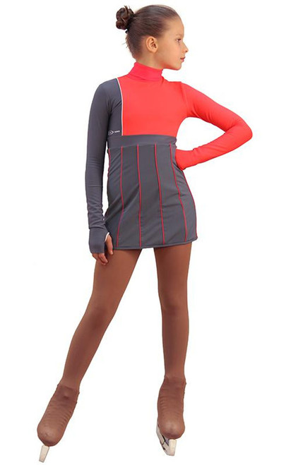 IceDress Figure Skating Dress - Thermal - IceFashion (Light Grey and Hot Coral) 2nd view