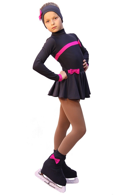 IceDress Figure Skating Outfit - Thermal - Bows (Dark Grey and Fuchsia)