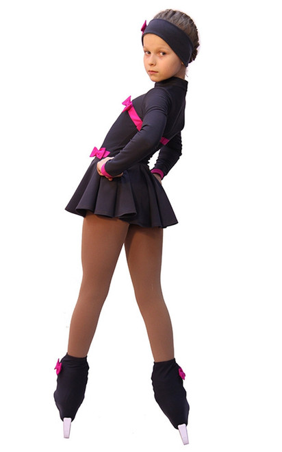 IceDress Figure Skating Outfit - Thermal - Bows (Dark Grey and Fuchsia)