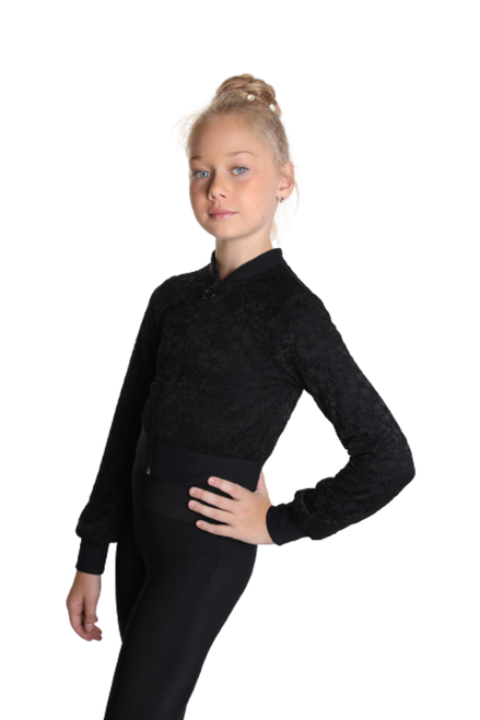 IceDress - Thermal Figure Skating  Outfit - "Trio 4" - Cropped Jacket with Guipure/ Top/ High-Waisted Legging (Black)