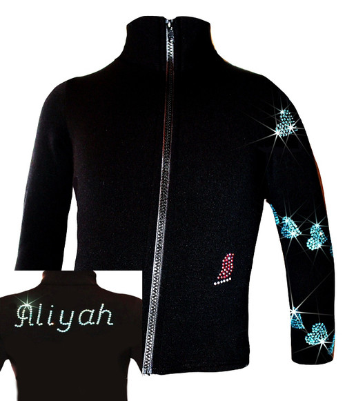 Aqua Spiral Hearts Rhinestones Personalized Figure Skating Jacket