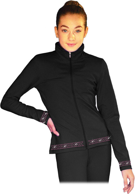 JS735 Solid Black Elite Figure Skating Jacket w/ Thumb Holes w/ Thumb Holes and Crisscross Crystal Design
