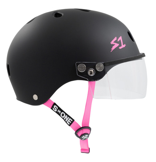 S1 Visor Lifer Helmet - Black Matte w/ Pink Straps and Clear Visor