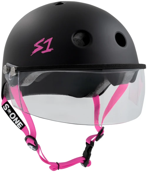 S1 Visor Lifer Helmet - Black Matte w/ Pink Straps and Clear Visor