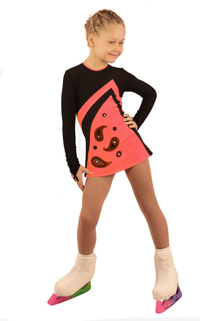 IceDress Figure Skating Dress - Thermal - Velvet (Black with Coral, Ornament)