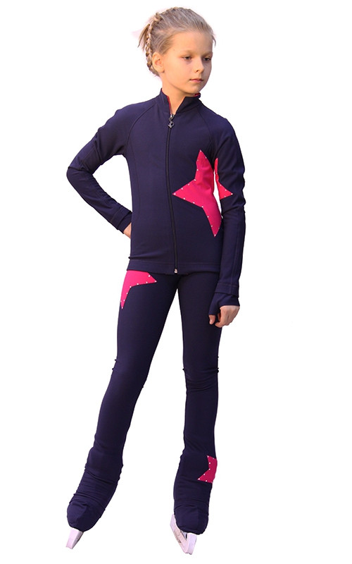 IceDress Figure Skating Outfit - Thermal - Star (with Pants) (Gray-Blue with Raspberry)