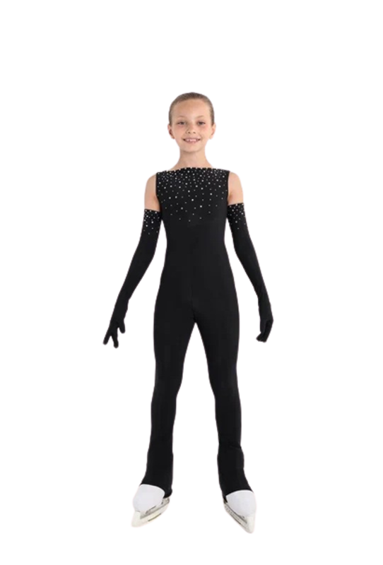 IceDress - Thermal Figure Skating Overalls -Plie Black with Rhinestones (Complete with Gloves)