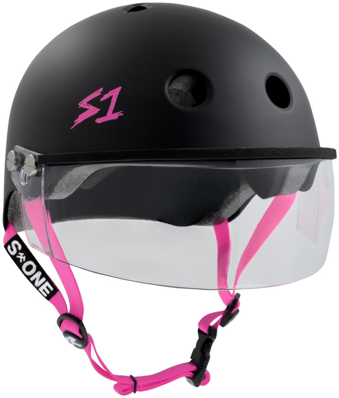 S1 Visor Lifer Helmet - Black Matte w/ Pink Straps and Clear Visor