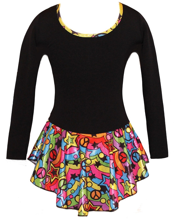 Black Peace & Stars Ice Skating Dress with Rainbow mix Pair of Skates rhinestone applique