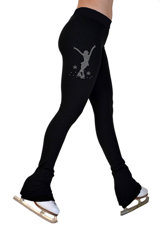 ChloeNoel P622F All Black 3 Waist Band Light Weight Fleece Figure Skating Pants w/ Mini Jump Skater Crystals Combination