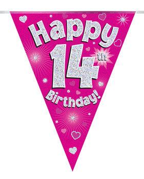 Happy 14th Birthday Bunting Pink Holographic