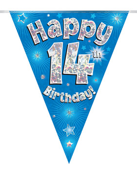 Happy 14th Birthday Bunting Blue Holographic