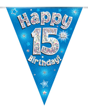 Happy 15th Birthday Bunting Blue Holographic
